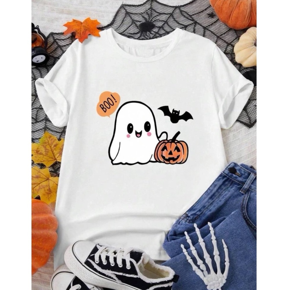 Halloween Boo Ghost Soft Round Neck Graphic Tee 👻 - Picture 2 of 4